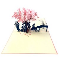 Handmade 3D Pop Up Card Pink Cherry Blossom Musicians Guitar Piano Saxophone Band Concert Birthday Anniversary Valentines Day Mother's Day Wedding Anniversary Teacher's Day Blank Celebrations